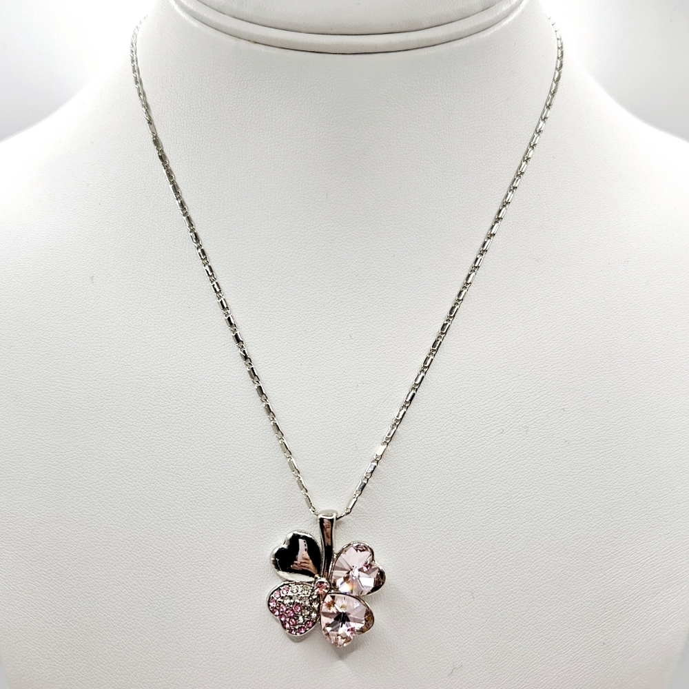 Shamrock Necklace Earrings Set Pink Crystal Lucky 4 Leaf Clover New